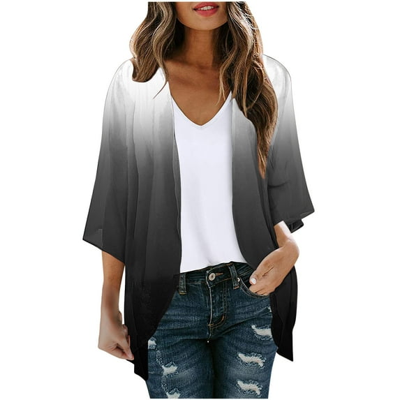 UPPADA Women's Fashionable Floral Print Puff Sleeve Kimono Cardigan Loose Plus Size Chiffon Cover up Casual Lightweight Beach Blouse Tops Black,XXL