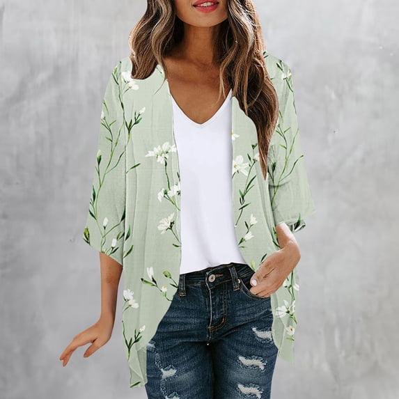 UPPADA Women's Fashionable Floral Print Puff Sleeve Kimono Cardigan Loose Plus Size Chiffon Cover up Casual Lightweight Beach Blouse Tops Green,XL