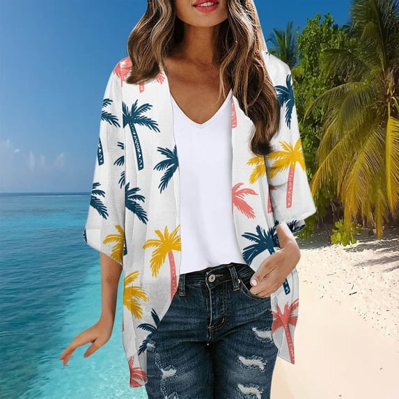 UPPADA Women's Fashionable Floral Print Puff Sleeve Kimono Cardigan Loose Plus Size Chiffon Cover up Casual Lightweight Beach Blouse Tops White,S