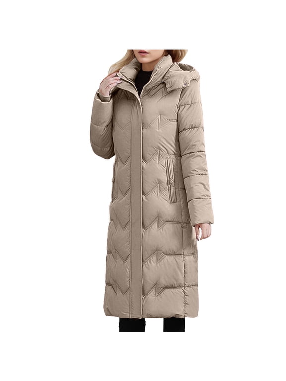 Women's Faux Fur Hooded Coats Winter Zip Up Winter Overcoat Trendy Fleece Linen Puffer Long Jacket with Pockets,Women's Puffer Coats Khaki,XXXL