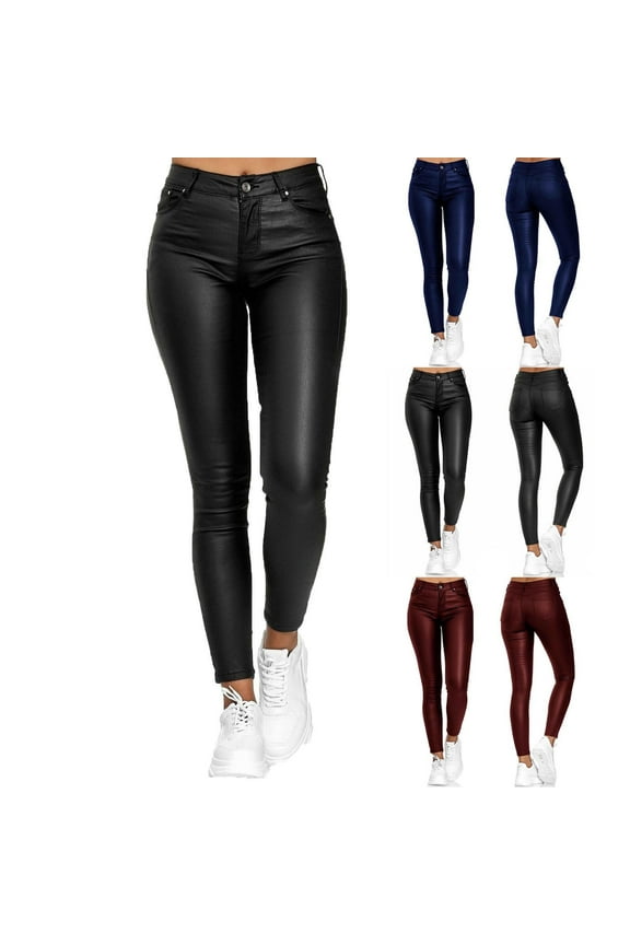 Women's Faux Leather Leggings High Waisted Pants Stretchy Tummy Control Leather Pants Pleather Tights Stretch Legging Pants Blue,L