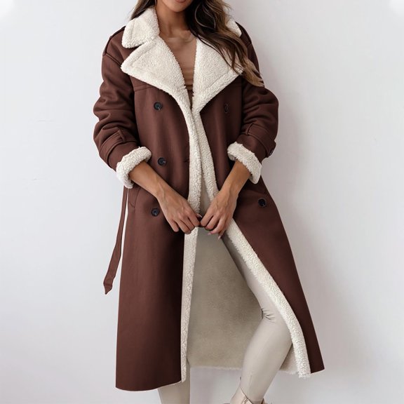 UPPADA Women's Faux Shearing Long Jacket Moto Bomber Fleece Lined Winter Faux Leather Coats Notched Collar Open Front Outerwear with Belt,Light Coat for Women Coffee,S