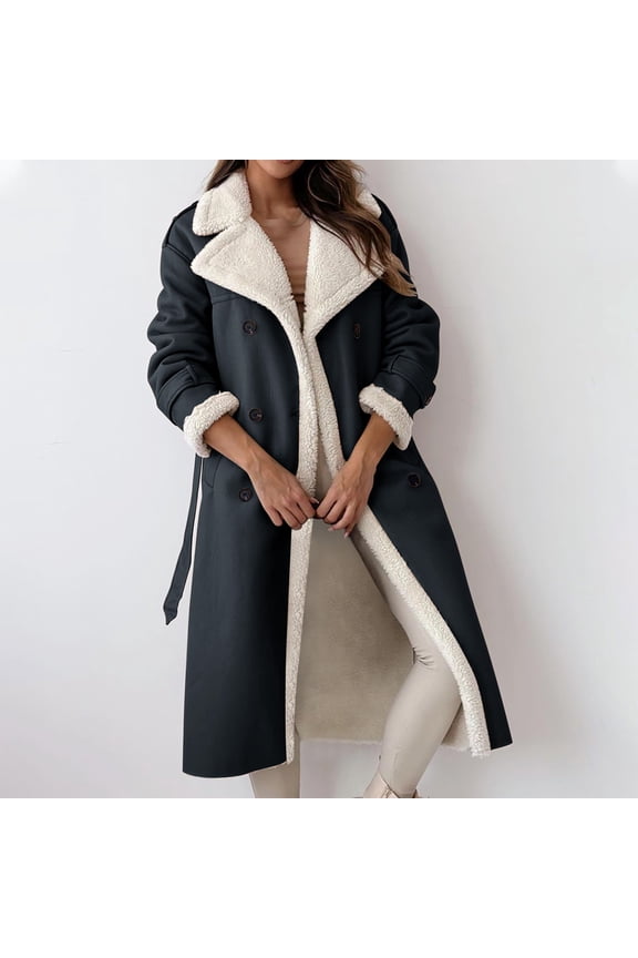 Women's Faux Shearing Long Jacket Moto Bomber Fleece Lined Winter Faux Leather Coats Notched Collar Open Front Outerwear with Belt,Women Camo Jacket Winter Trendy Black,L