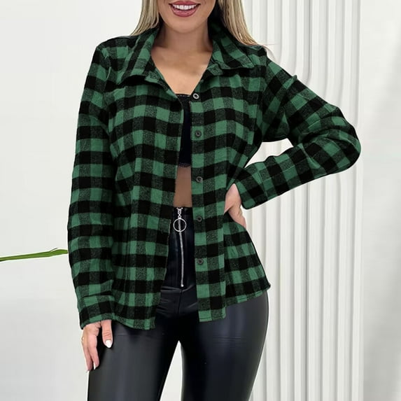 UPPADA Women's Flannel Jacket Hooded Shacket Shirts Plaid Button Down Shirts Shacket Warmth Long Jacket Classic Blouses,Green Plaid Shirt,S