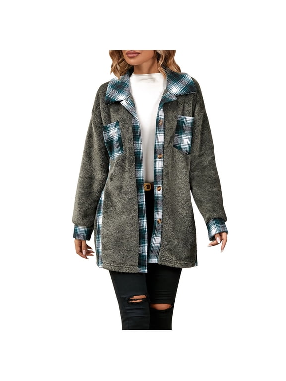 Women's Flannel Shirt Plaid Open Front Tops Long Sleeve Button up Plaid Shirts Tops with Pockets Gray,XXL