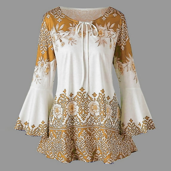 UPPADA Women's Floral Print Blouses Plus Size Tunic Tops Long Bell Sleeve Tunic Tops Vintage Lace Up Shirts Casual Loose Fit Graphic Tees Pleated Flare Comfy Tops Items