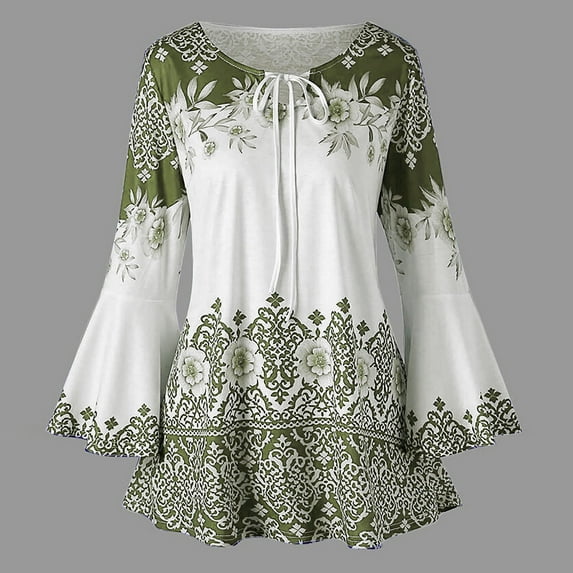 UPPADA Women's Floral Print Blouses Plus Size Tunic Tops Long Bell Sleeve Tunic Tops Vintage Lace Up Shirts Casual Loose Fit Graphic Tees Pleated Flare Comfy Tops 3x Womens Tops Plus Size