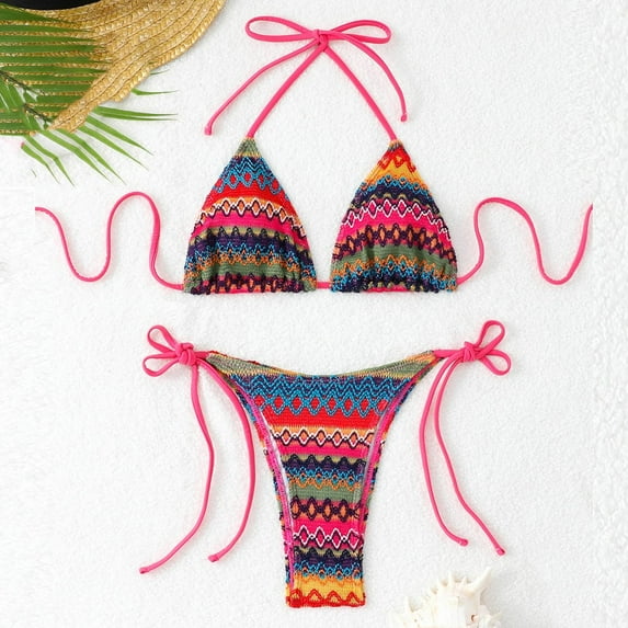 UPPADA Women's Floral Printed Bathing Suit Halter Summer Swimsuit Bikinis Set String Bikini Set Two Piece Swimsuit Print Tie Smocked Ruched Two Piece Bathing Suit Fow Vacation Hot Pink,L