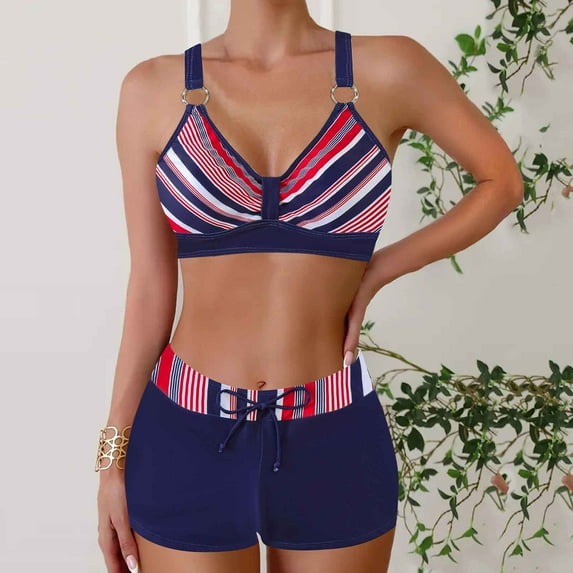 UPPADA Women's Floral Printed Bathing Suit Halter Summer Swimsuit Bikinis Set String Bikini Set Two Piece Swimsuit Print Tie Smocked Ruched Two Piece Bathing Suit Fow Vacation Dark Blue,L