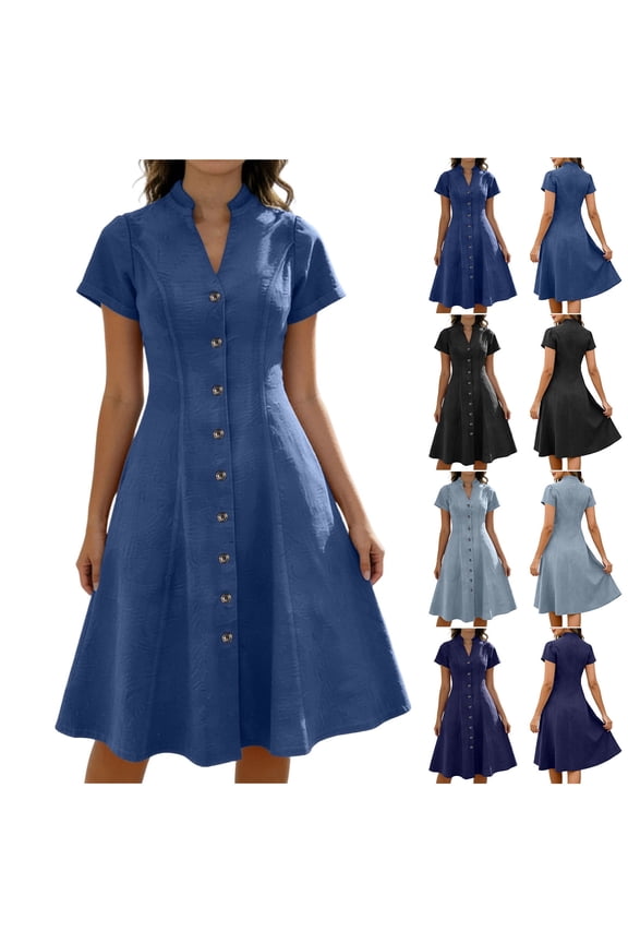Women's Flowy Denim Dress Vacation Lapel Short Sleeve V Neck Sundress Button Down A Line Swing Ruffle Jean Dress Sky Blue,L