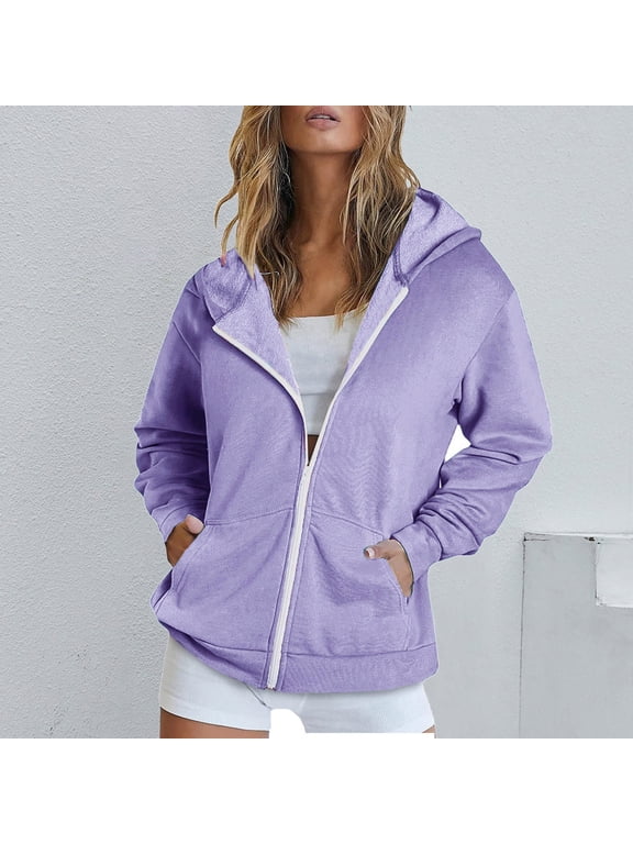 Women's Full Zip Up Hoodie Long Sleeve Hooded Sweatshirts Ladies Basic Comfy Jacket with Pockets Oversized Cropped Zip Up Hoodie for Women Purple,L