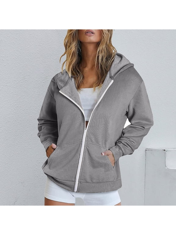 Women's Full Zip Up Hoodie Long Sleeve Hooded Sweatshirts Ladies Basic Comfy Jacket with Pockets Oversized Hoodies for Women Zip Up Gray,M