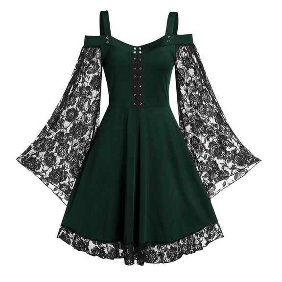 UPPADA Women's Gothic Steampunk Dress Lace Mesh Dress Off Shoulder Bat Sleeve Dress Party Cosplay Skirts Green,L