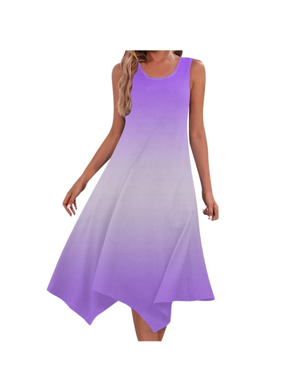 Women's Hankerchief Hem Maxi Tank Dresses Summer Loose Fit Sleeveless Crew Neck Sundress Casual Ruffle A-Line Boho Dress Promo Codes Purple,XL