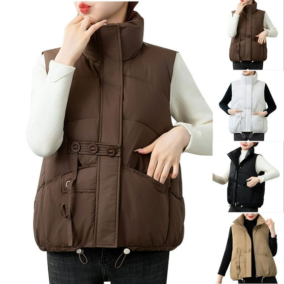 UPPADA Women's Hooded Puffer Vest Winter Warm Zip up Vest Quilted Padded Fall Jackets with Pockets Oversized Down Vests for Women Coffee,XL