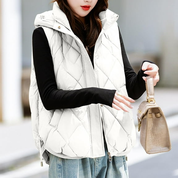 UPPADA Women's Hooded Puffer Vest Winter Warm Zip up Vest Quilted Padded Fall Jackets with Pockets Puffer Vest for Women Trendy White,XL