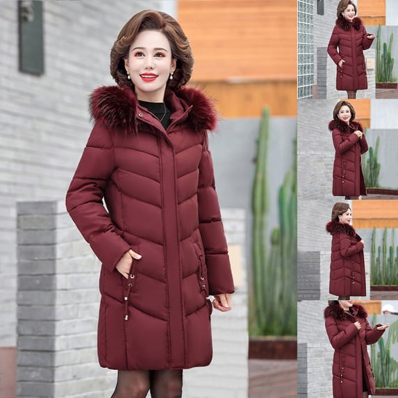 UPPADA Women's Hooded Warm Winter Coat Quilted Thicken Puffer Jacket Long Length Pocketed Overcoats with Removable Fur Hood Ski Jacket Women Waterproof Red,XXXXL