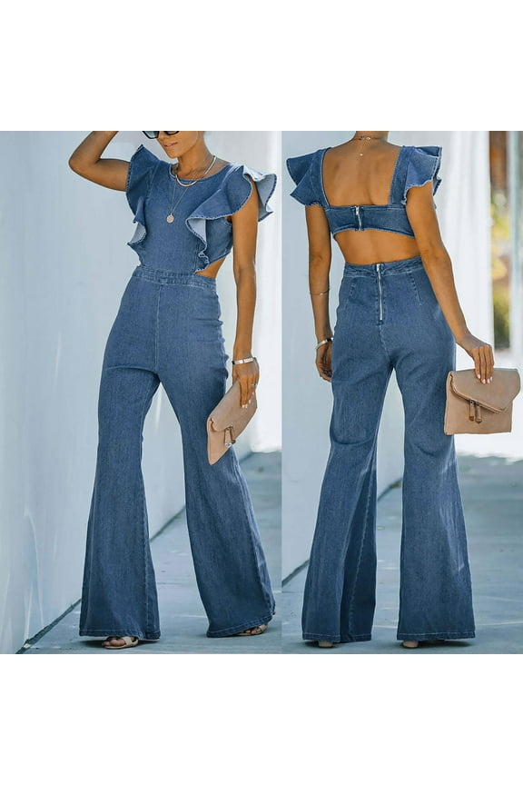Women's Jumpsuits, Rompers & Overalls Women's Summer Fashion Denim Solid Color Sleeveless Ruffle Backless Slim Fit Jumpsuit Enterizos De Mujer De Verano