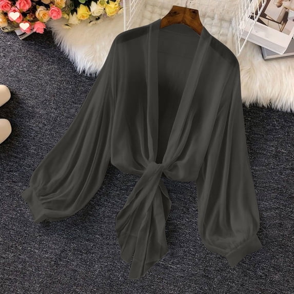 UPPADA Women's Knotted Hem Cardigan Swimwear Cover ups Tops V Neck Open Front Shirts Tunic Long Sleeve Soft Beach Shirt Black,XXL