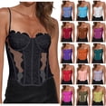 thumbnail image 1 of UPPADA Women's Lace Corset Bustier Top Spaghetti Strap Sheer Mesh Cinched Waist Belt Vintage Lingerie Cute Going Out Party Club Crop Cami Tops Watermelon Red,L, 1 of 5