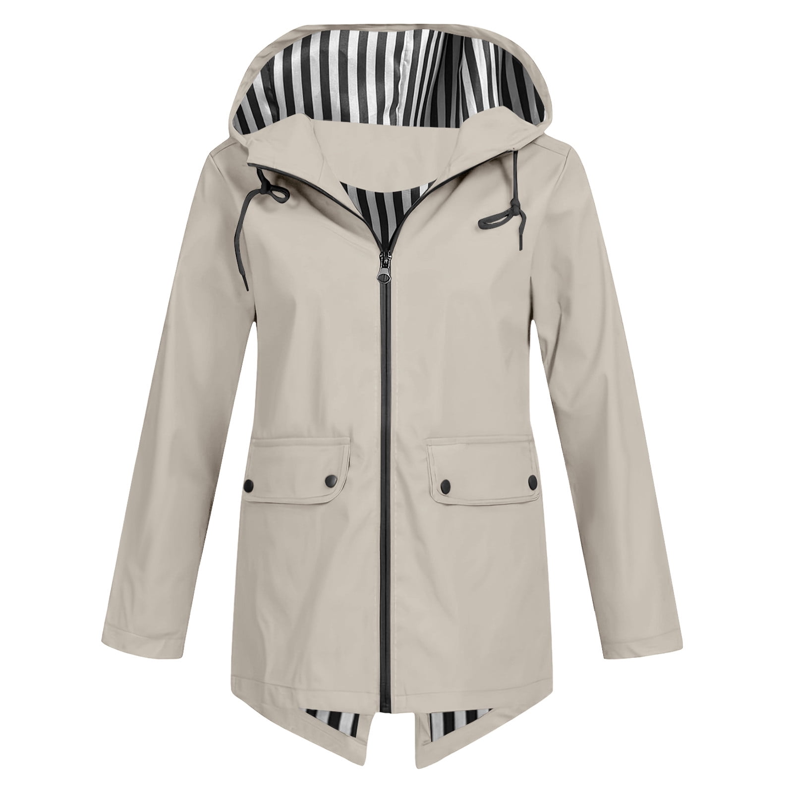 UPPADA Women's Light Weight Raincoats Solid Rain Jackets Outdoor Plus Size Hooded Raincoat Windproof Fall ,Womens Lined Rain Jacket with Hood Beige XXL