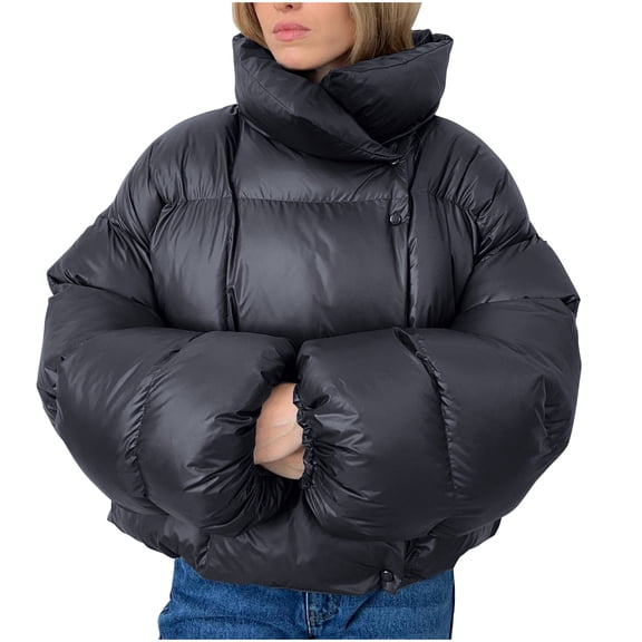 UPPADA Women's Lightweight Down Coat Long Sleeve Full Zipper Oversized Packable Short Puffer Jackets with Pockets Black,L Puffer Jacket Womens Winter