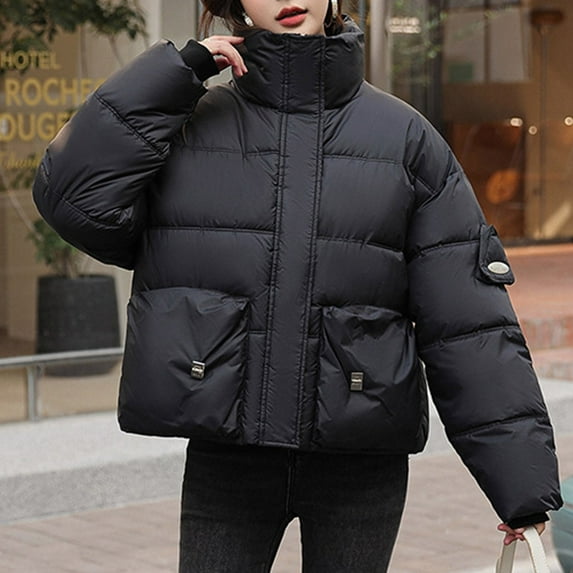 UPPADA Women's Lightweight Down Coat Long Sleeve Full Zipper Oversized Packable Short Puffer Jackets with Pockets Black,L Winter Coat Winter