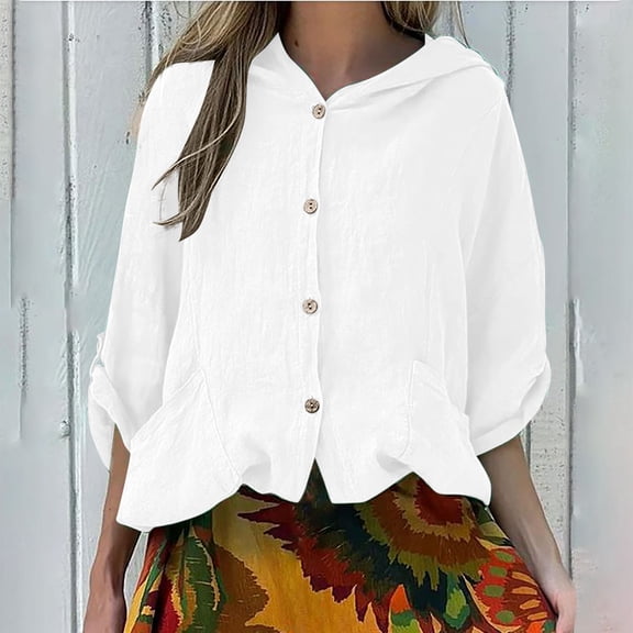 UPPADA Women's Linen Hoodies Lightweight Solid Shirts Flowy Cute Hoodie Long Sleeve Botton Up Cardigans Long Sleeve Shirts Women Hoodies Pullover White,L