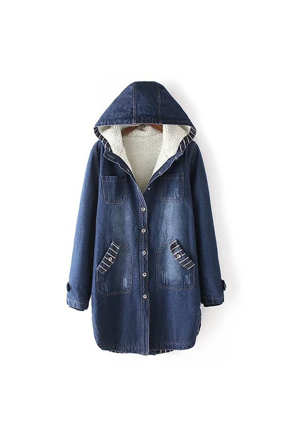 Women's Long Denim Hooded Jacket Oversized Drawstring Button Down Trench Jean Jacket Coats with Pockets,Red Jacket Women Dressy Blue,L