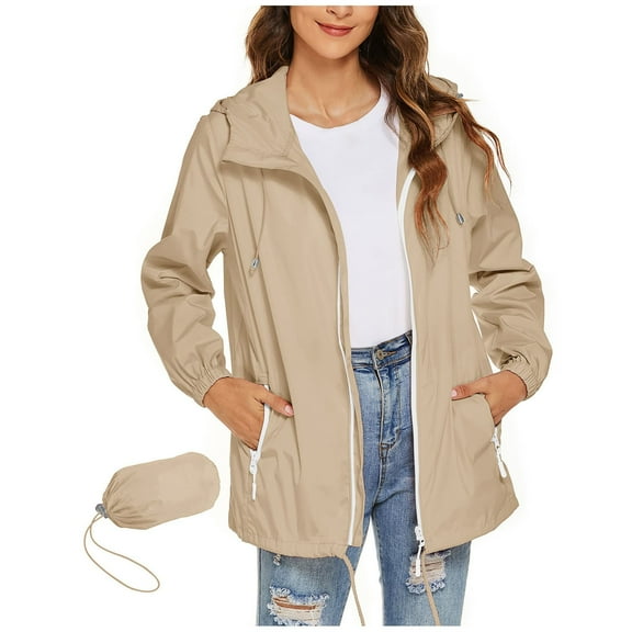 UPPADA Women's Long Packable Raincoat Waterproof Rain Jacket Lightweight Outdoor Windbreaker with Hood,Rain Resistant Jacket Women Beige L