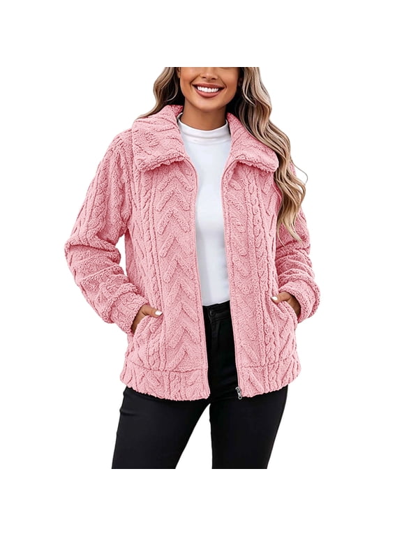 Women's Long Sleeve Fuzzy Fleece Jackets Trendy Zip up Faux Sherpa Outwear Lapel Collar Soft Plush Warm Coats with Pockets M
