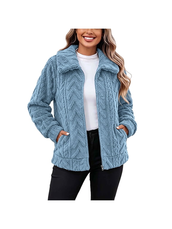 Women's Long Sleeve Fuzzy Fleece Jackets Trendy Zip up Faux Sherpa Outwear Lapel Collar Soft Plush Warm Coats with Pockets XL