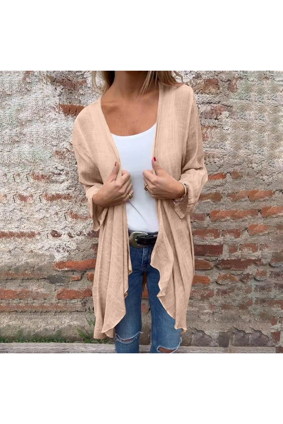 Women's Long Sleeve Open Front Cardigan with Pockets Casual Layering High Low Hem Solid Knit Duster Dress Shirts Khaki,L