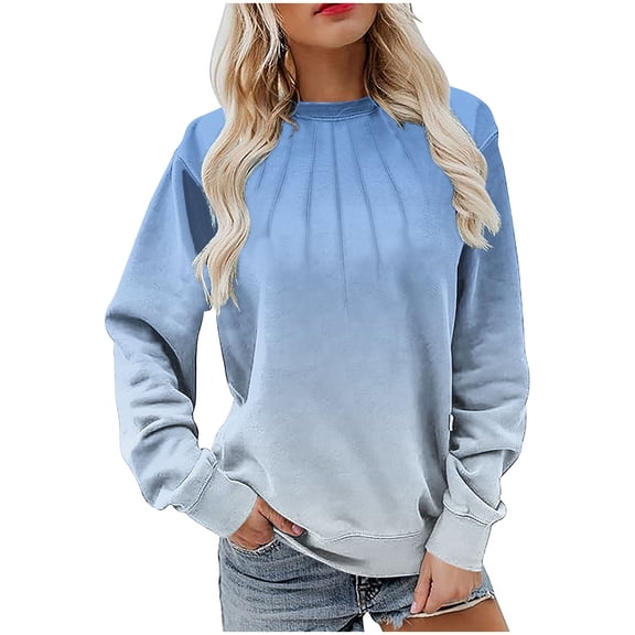 UPPADA Women's Long Sleeve Pullover Tops Crew Neck Pleated Dressy Casual Blouses Gradient Color T Shirts Fall Gym Clothes Fall Light Blue,XXL