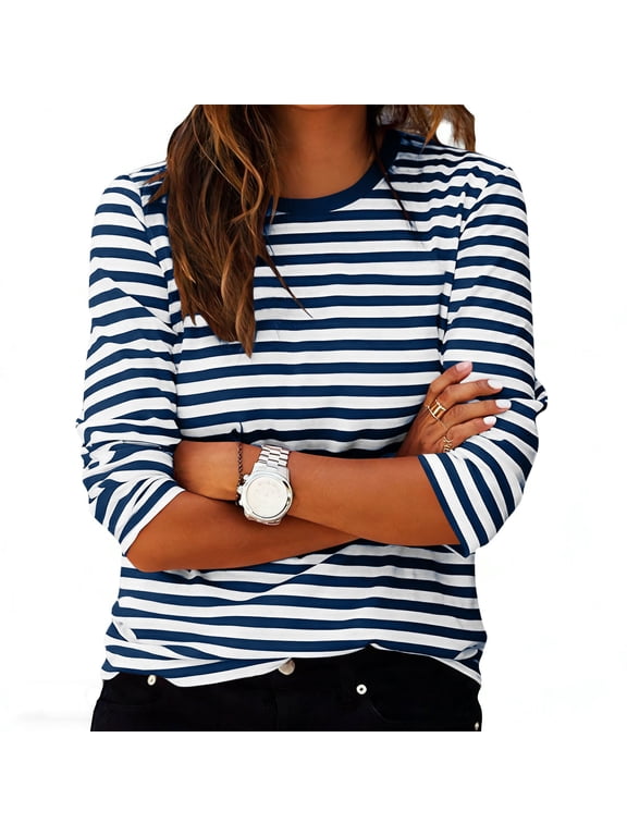 Women's Long Sleeve Striped T Shirts Loose Fit Crewneck Tunic Tops Comfy Basic Tops Layering Shirt All Season Daily Wear Blue,M