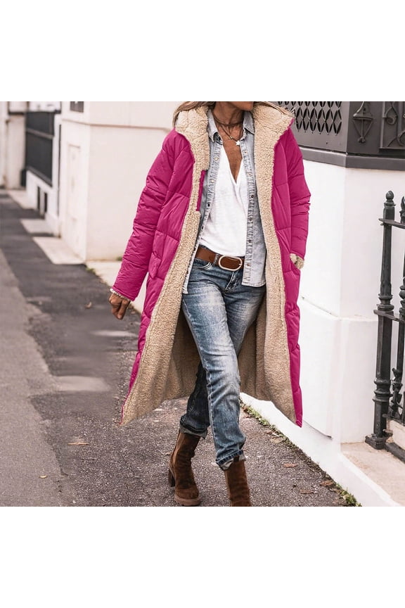 Women's Long Winter Coats Oversized Shearling Fleece Jacket Hooded Long Reversible Coats Trendy Outwear Clothes Hot Pink,M Womens Fleece Jackets with Hood