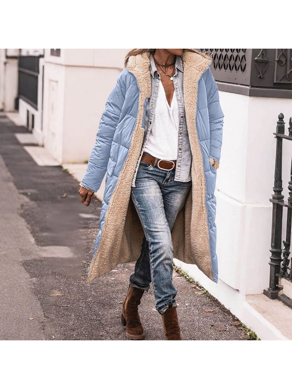 Women's Long Winter Coats Oversized Shearling Fleece Jacket Hooded Long Reversible Coats Trendy Outwear Clothes Light blue,L Women's Hooded Fleece Jacket