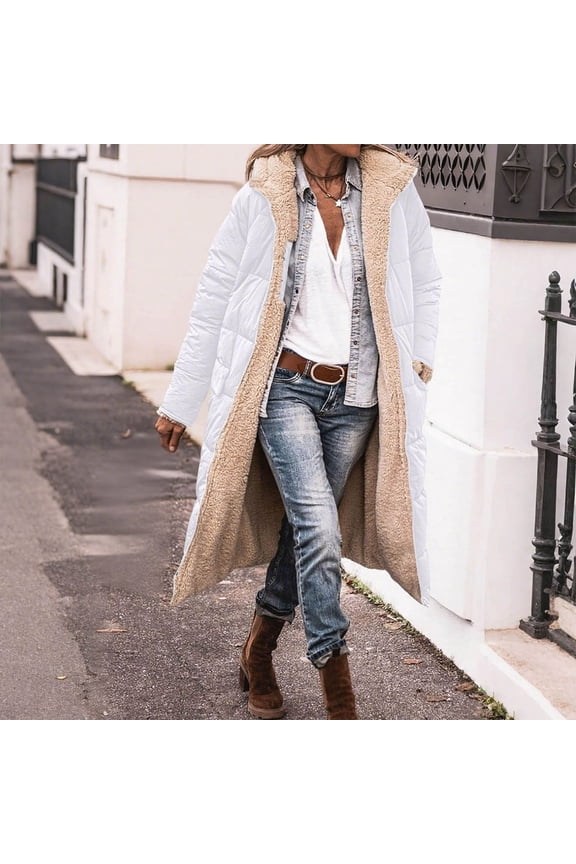 Women's Long Winter Coats Oversized Shearling Fleece Jacket Hooded Long Reversible Coats Trendy Outwear Clothes White,L Women's Winter Coats Fuzzy Fleece Warm Long Hooded Jackets