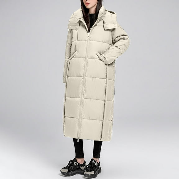 UPPADA Women's Long Winter Puffer Coats Hooded Over Knee Outerwear Maxi Quilted Jackets Warm Padded Coat with Pockets,Fashion Trench Coat Beige,XL