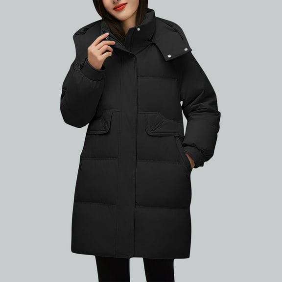 UPPADA Women's Long Winter Puffer Jacket Stand Collar Zip Baggy Down Coats Quilted Jackets with Side Pockets Long Hooded Outerwear Coats and Jackets Black,L