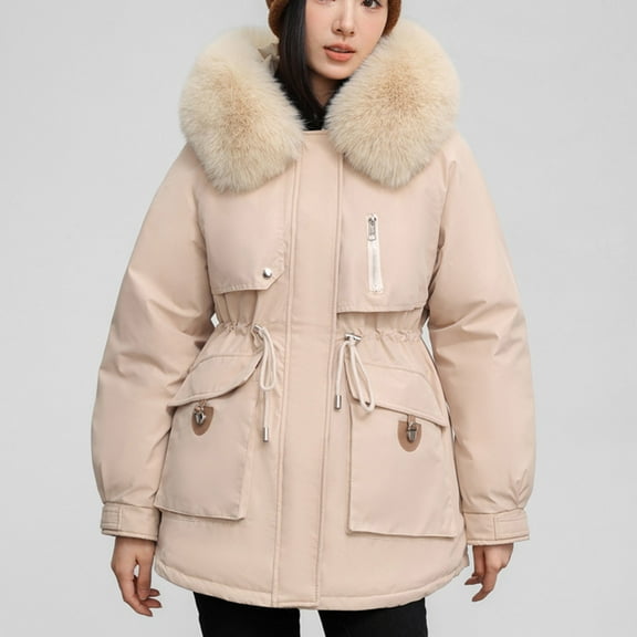 UPPADA Women's Long Winter Puffer Jacket Stand Collar Zip Baggy Down Coats Quilted Jackets with Side Pockets Long Hooded Outerwear Plus Size Women's Winter Coats Beige,M