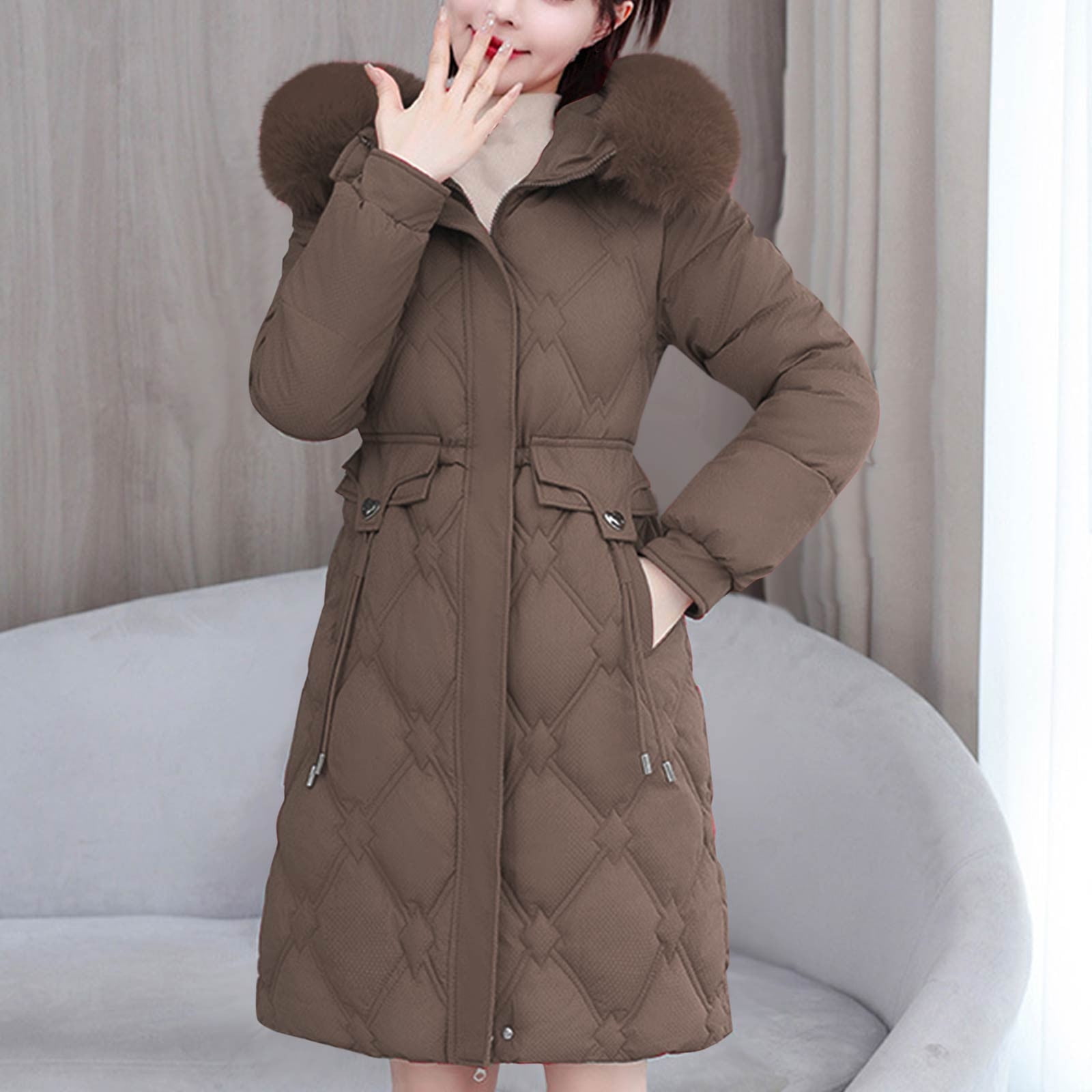 UPPADA Women's Long Winter Puffer Jacket Stand Collar Zip Baggy