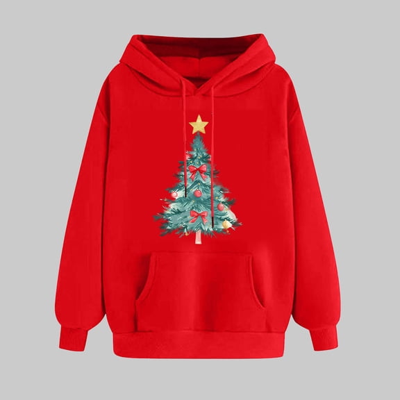 UPPADA Women's Merry Christmas Hoodies Oversized Long Sleeve Sweatshirts Funny Xmas Print Shirts Holiday Pullover Tops with Pocket Hoodies for Women Graphic Design Red,XL