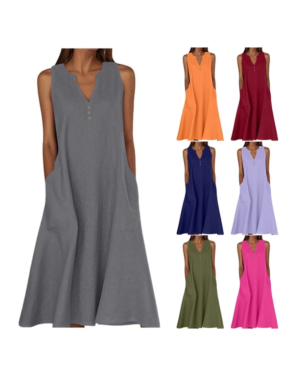 Women's Midi Dress Summer Cotton Linen Sundress V Neck Sleeveless Empire Waist Dress with Pockets Loose Fit Flowy Dress for Beach Vacation Wine,S