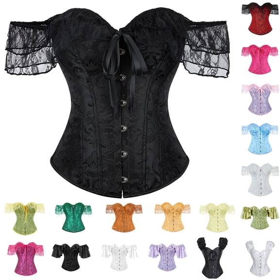 UPPADA Women's Off Shoulder Overbust Corset Bustier Lace Up Boned Waist Cincher Top with Short Lace Sleeves Front Busk Closure Shapewear Red,S
