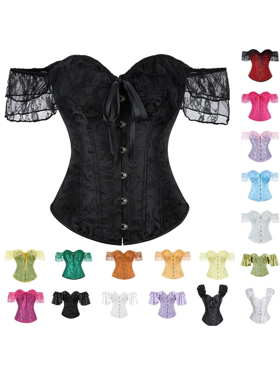 Women's Off Shoulder Overbust Corset Bustier Lace Up Boned Waist Cincher Top with Short Lace Sleeves Front Busk Closure Shapewear Red,S