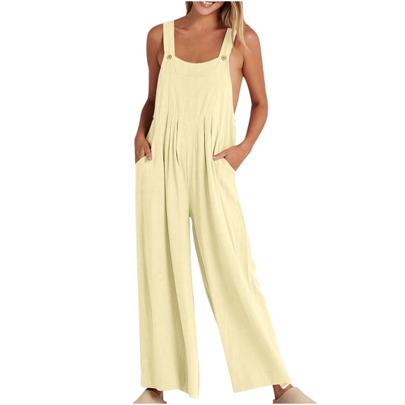 UPPADA Women's Overalls Jumpsuits Casual Loose Fit Adjustable Straps Wide Leg Long Pant Boho Jumpsuits with Pockets Beige,XL