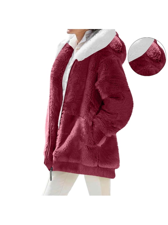 Women's Padded Coat Trendy Faux Shearling Coat Warm Hooded Zip up Fuzzy Winter Jacket with Pockets Wine,XXL Womens Fleece Full Zip Jacket Winter