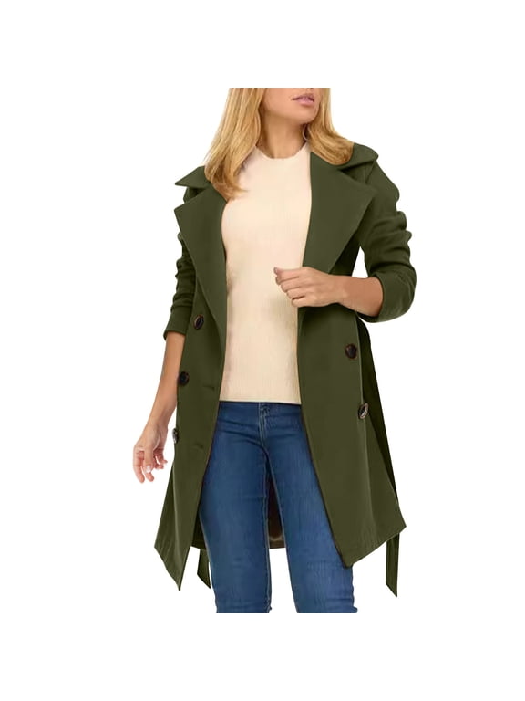 Women's Pea Coats Long Trench Ladies Elegant Solid Color Jacket Trendy Pea Coats Wool Blend Holiday Lapel Classic Trench Coat Green,S
