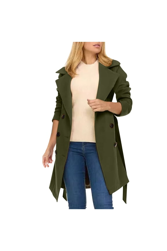 Women's Pea Coats Long Trench Ladies Elegant Solid Color Jacket Trendy Pea Coats Wool Blend Holiday Lapel Classic Trench Coat Green,S